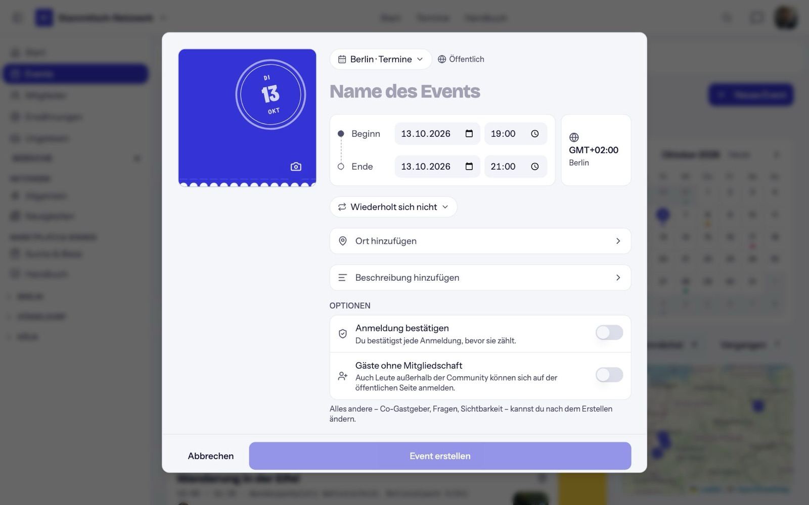Das Formular für ein neues Event