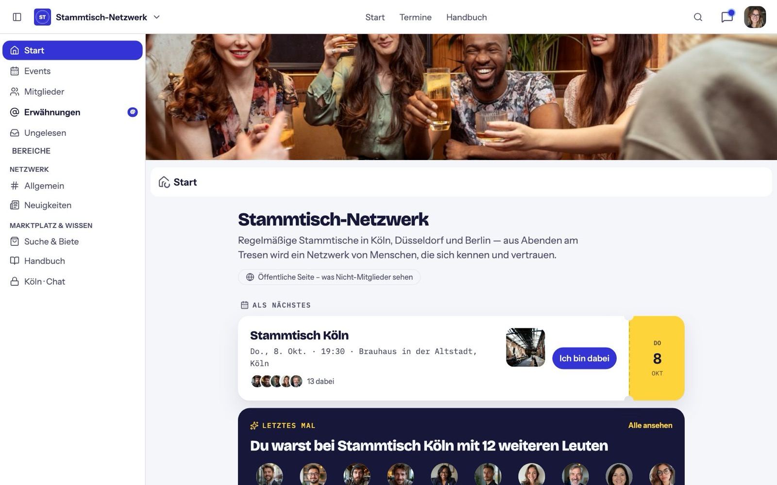 Die Startseite einer Community für Mitglieder
