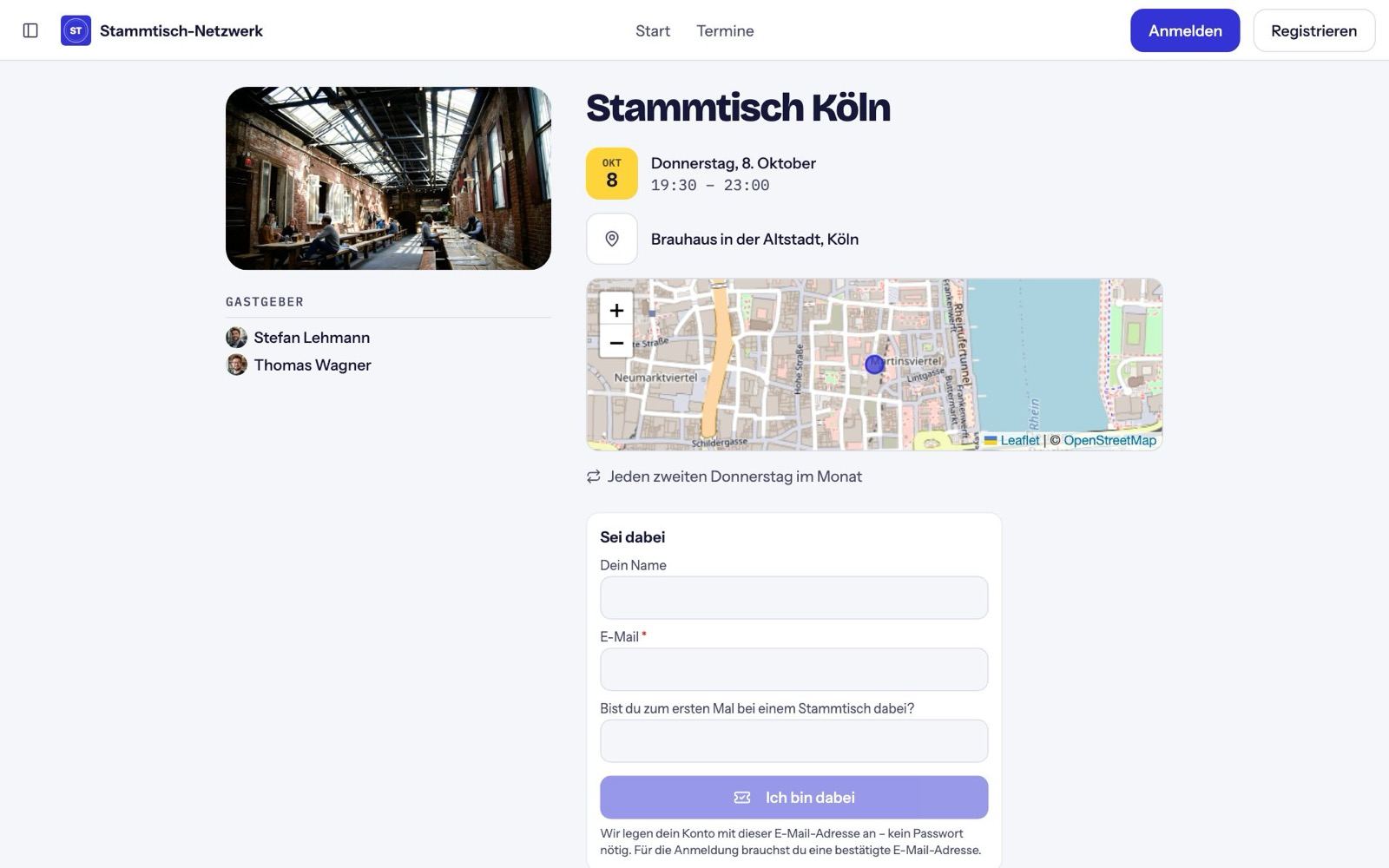 Anmeldung auf einer öffentlichen Event-Seite